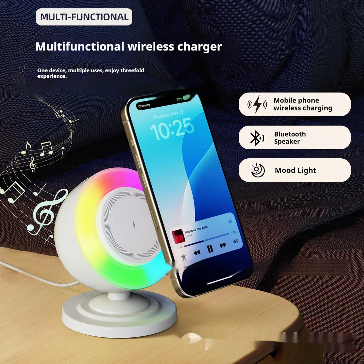 Three-in-one wireless charger with Bluetooth audio and coloured lights, 15W, in black or white