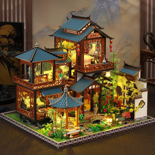 Wooden Chinese courtyard villa architectural model with traditional lantern elements, dimensions 30×27×27cm