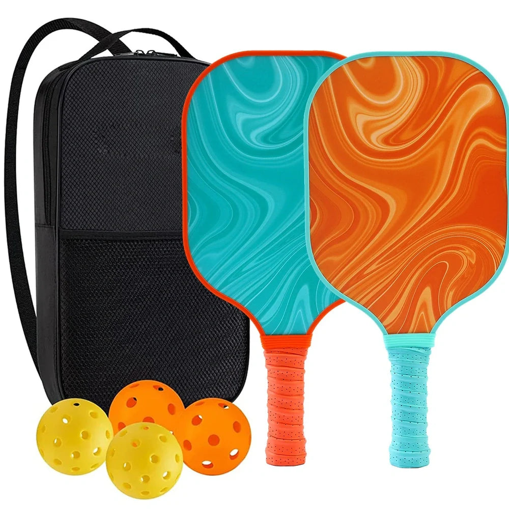 Peak Racket fibreglass squash set showing two rackets and four balls for complete playing equipment