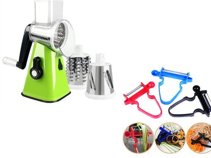 Stainless steel vegetable peeler set with black, blue, red handles and dual swivel blades