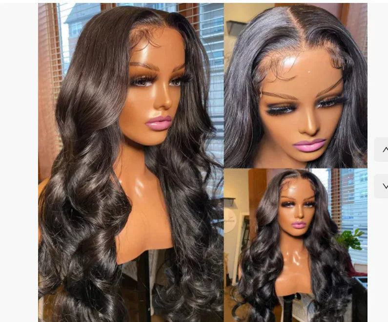 Black medium-long curly synthetic wig with 22-inch length and natural wave pattern on display stand
