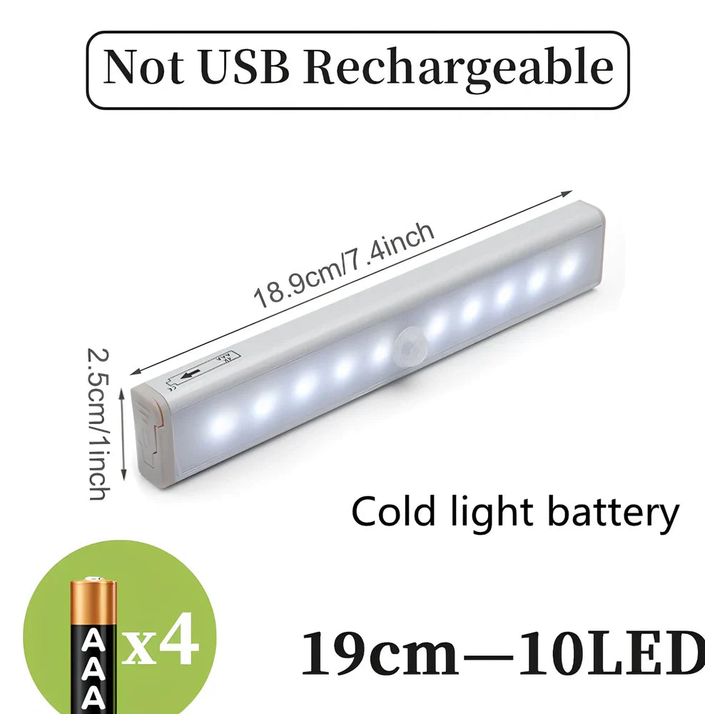 LED sensor light bar showing motion detection range and multiple size options from 9cm to 52cm
