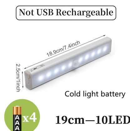 LED sensor light bar showing motion detection range and multiple size options from 9cm to 52cm