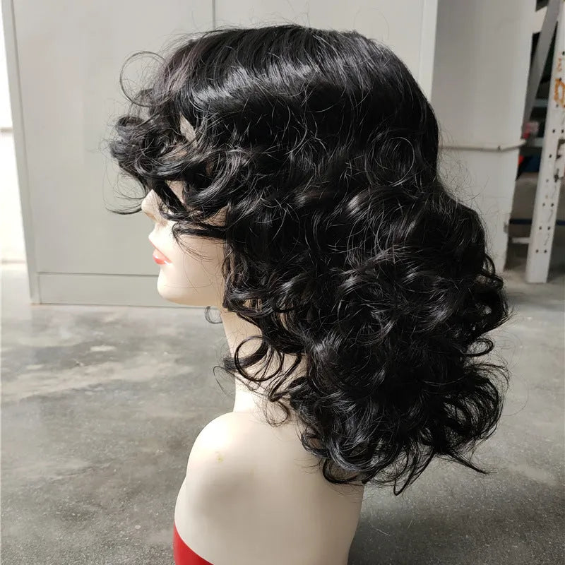 Black synthetic Afro wig with long curly style made from heat dyeable high temperature fibre