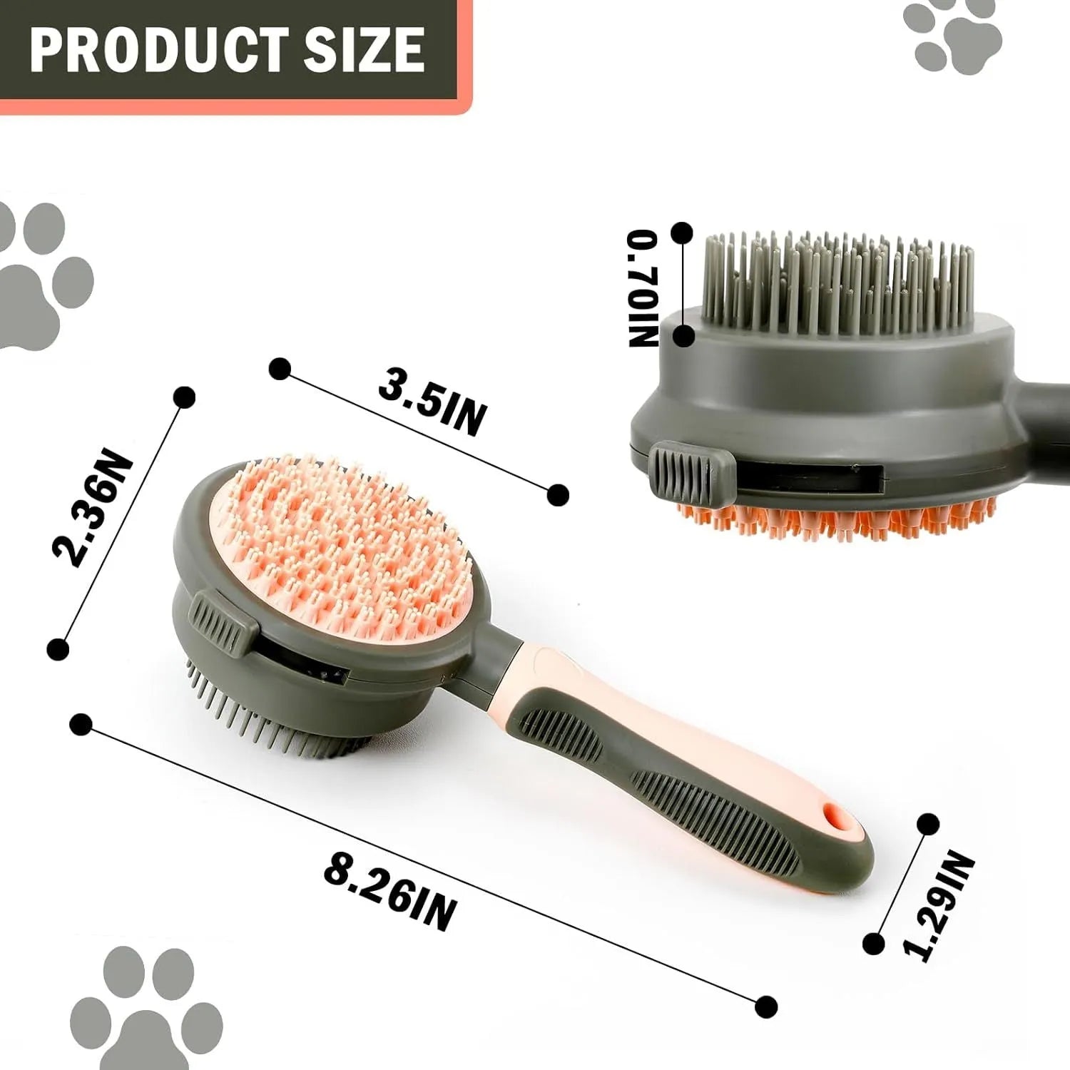 Pink double-sided cat brush with release button showing smooth brush side and flea comb side for grooming indoor cats