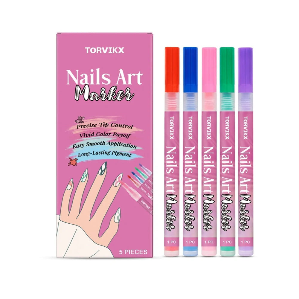 Five manicure art graffiti pens with fine 0.5mm tips in red, blue, powder, violet, and green colours