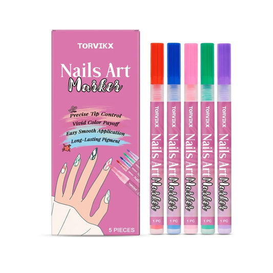 Five manicure art graffiti pens with fine 0.5mm tips in red, blue, powder, violet, and green colours