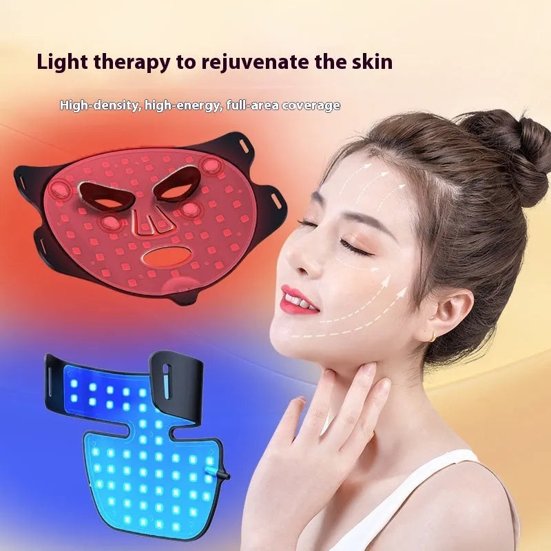 LED Photon Facial Mask Neck Care Light Therapy Device Four Colour Red Blue Yellow Infrared Household Anti-Wrinkle Acne Treatment Rejuvenating Skin Brightening Three Gear Adjustable Black