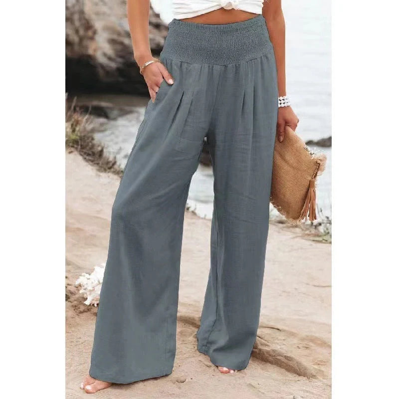 Women's wide leg casual pants in cotton linen blend, available in multiple colors