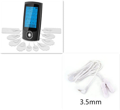 Rechargeable TENS unit with 16 massage modes, adjustable timer and intensity, and dual output for pain relief and muscle stimulation