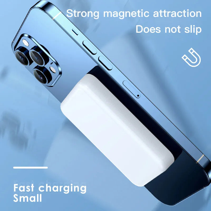 Pink magnetic power bank showing 20000mAh capacity and 100x64x18mm dimensions with charging indicators