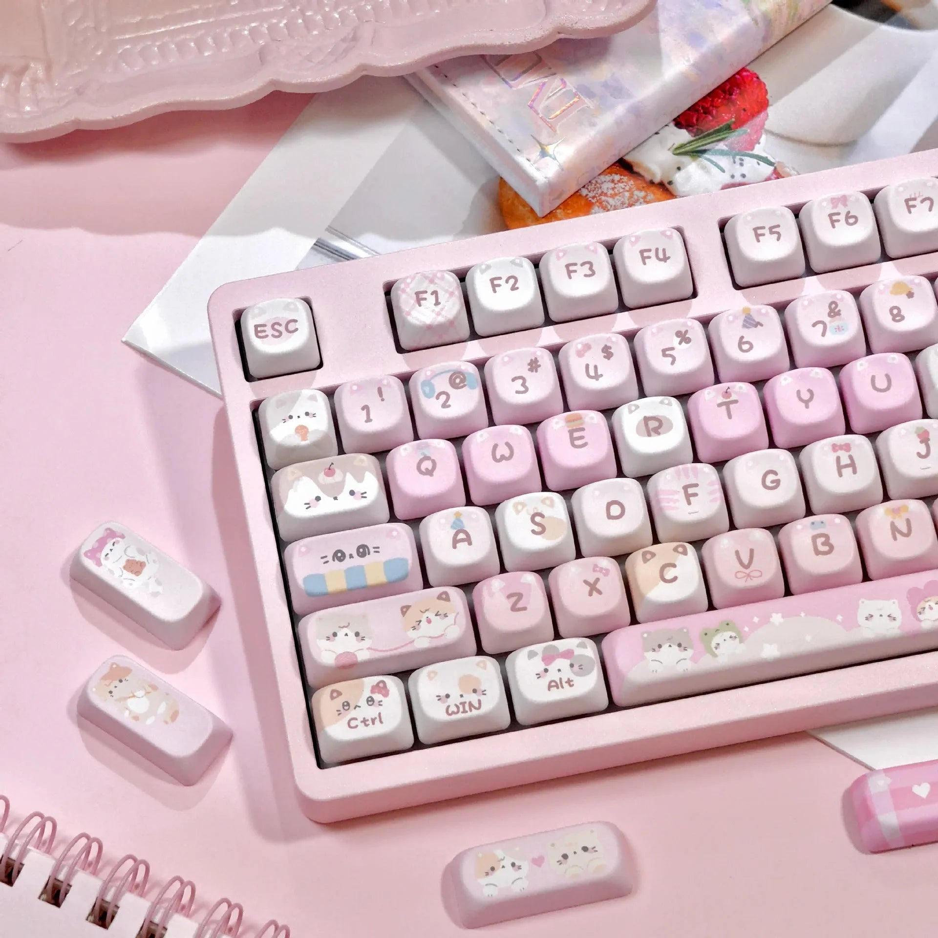 MOA Height five-sided sublimation key cap in solid pink with cartoon design for mechanical keyboards