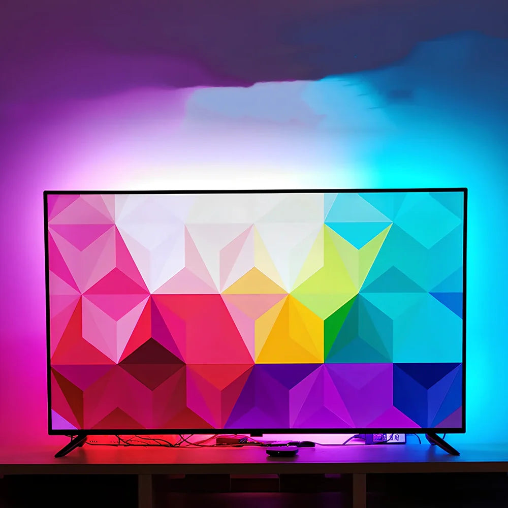 TV ambient light with 60 LED beads per metre, HDMI sync box, and light strips for screen background lighting