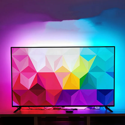 TV ambient light with 60 LED beads per metre, HDMI sync box, and light strips for screen background lighting