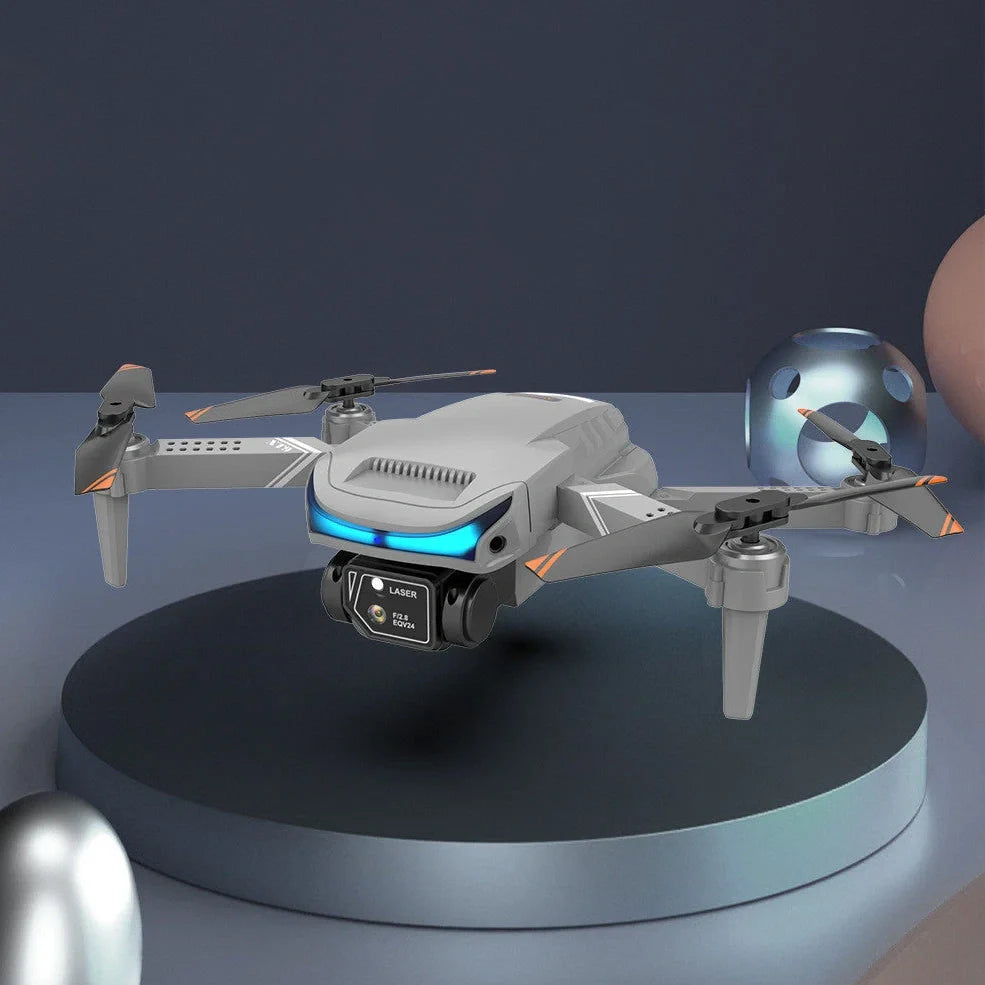 Black foldable drone with dual 4K cameras, unfolded to 18cm with protective covers installed