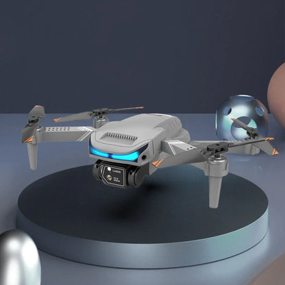 Black foldable drone with dual 4K cameras, unfolded to 18cm with protective covers installed