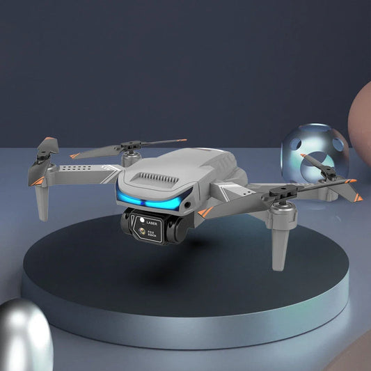 Black foldable drone with dual 4K cameras, unfolded to 18cm with protective covers installed