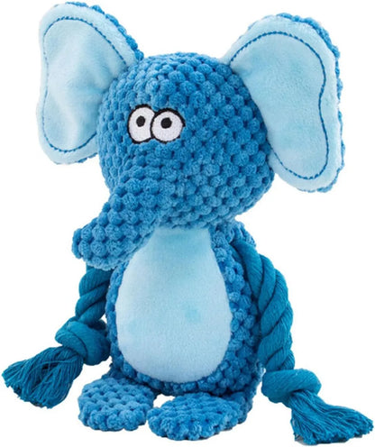 Interactive dog plush toy with squeaker, crinkle paper, and cotton rope in animal designs