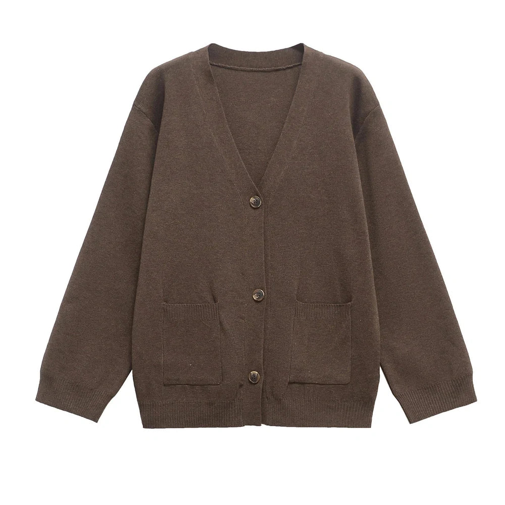 Long sleeve knitted cardigan in dark brown solid colour with conventional sleeve styling