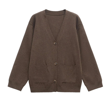 Long sleeve knitted cardigan in dark brown solid colour with conventional sleeve styling