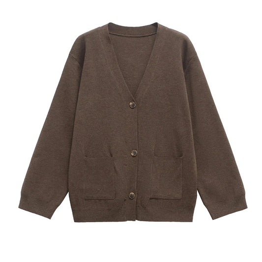 Long sleeve knitted cardigan in dark brown solid colour with conventional sleeve styling
