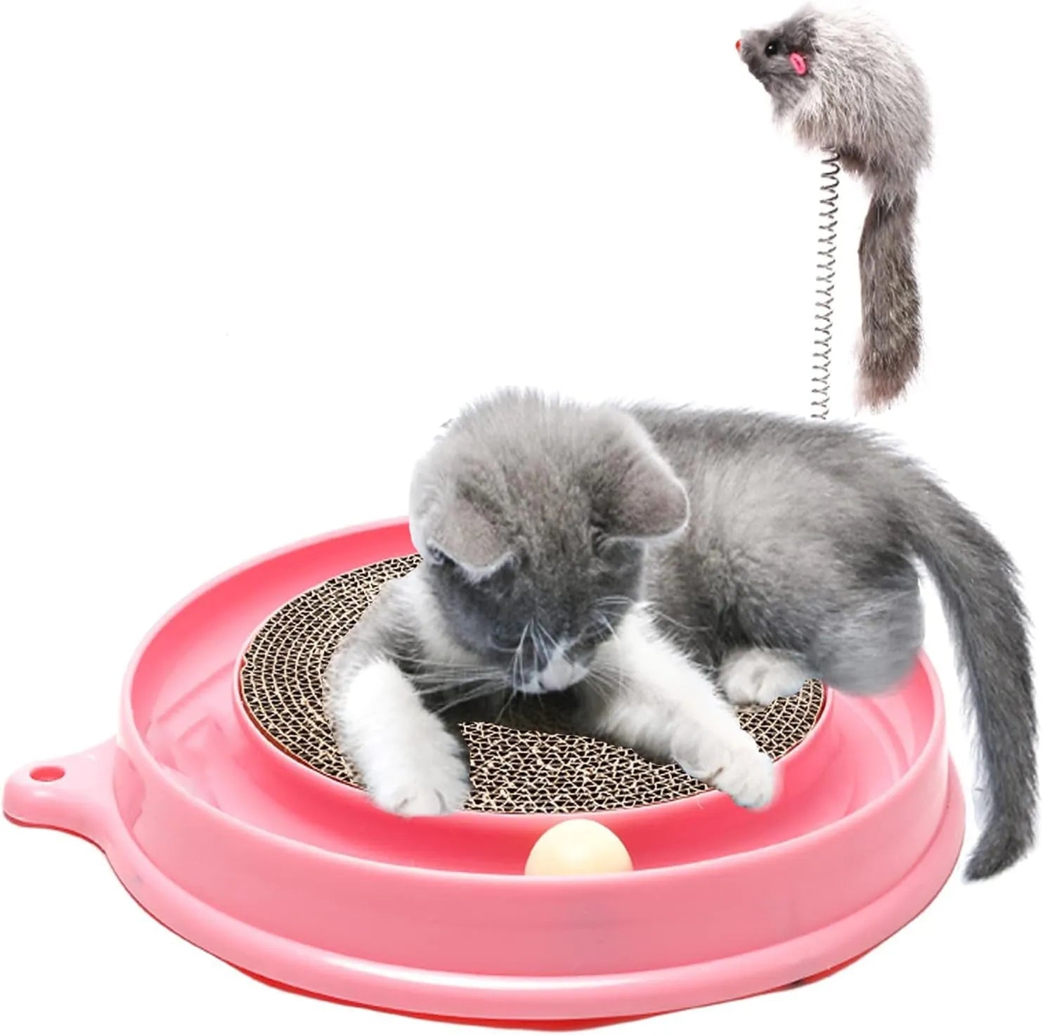 Blue cat scratcher with ball track and replaceable scratch pad, measures 40cm diameter