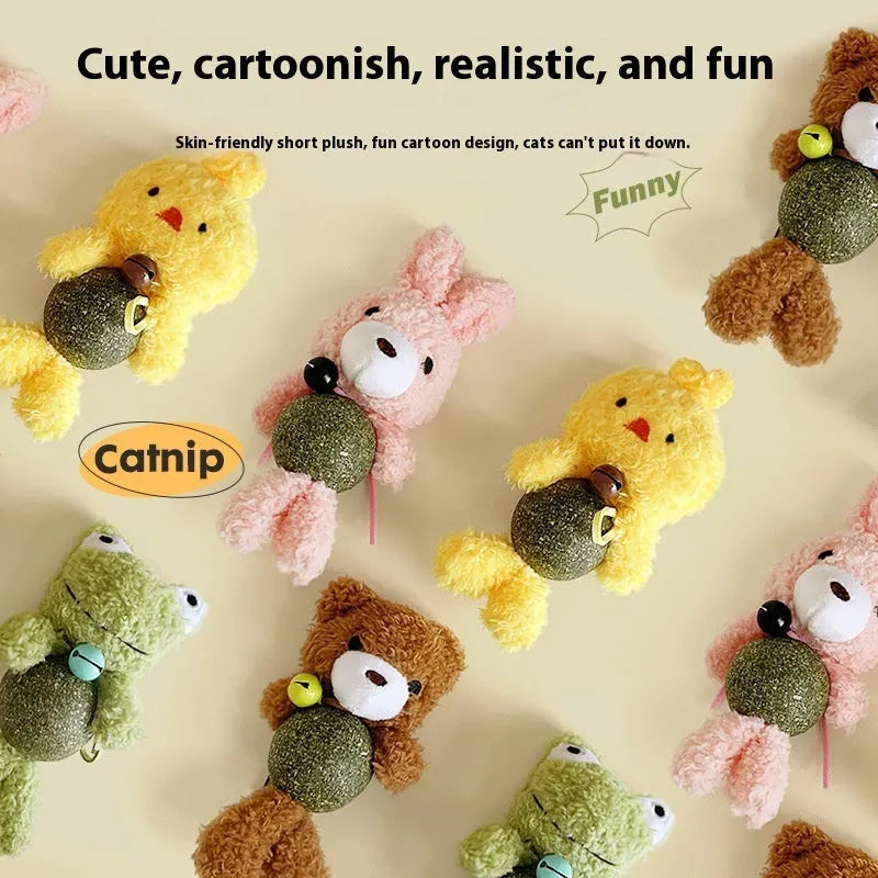 Brown bear plush cat toy with a white catnip ball, shown next to a green frog version.
