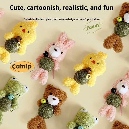 Brown bear catnip toy with 15cm height, 4cm mint ball, and visible bell inside plush material