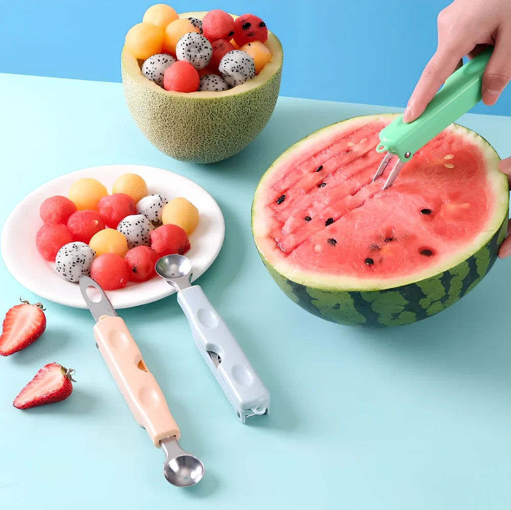 Three-in-one stainless steel watermelon ball digger in grass green, 24cm long with hidden knife and 10cm scoop for fruit slicing