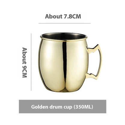 Stainless steel Moscow Mule cup with copper interior in gold, rose gold, silver, or black finish.