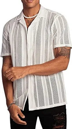 Men's white knitted short-sleeve shirt with button front and jacquard texture
