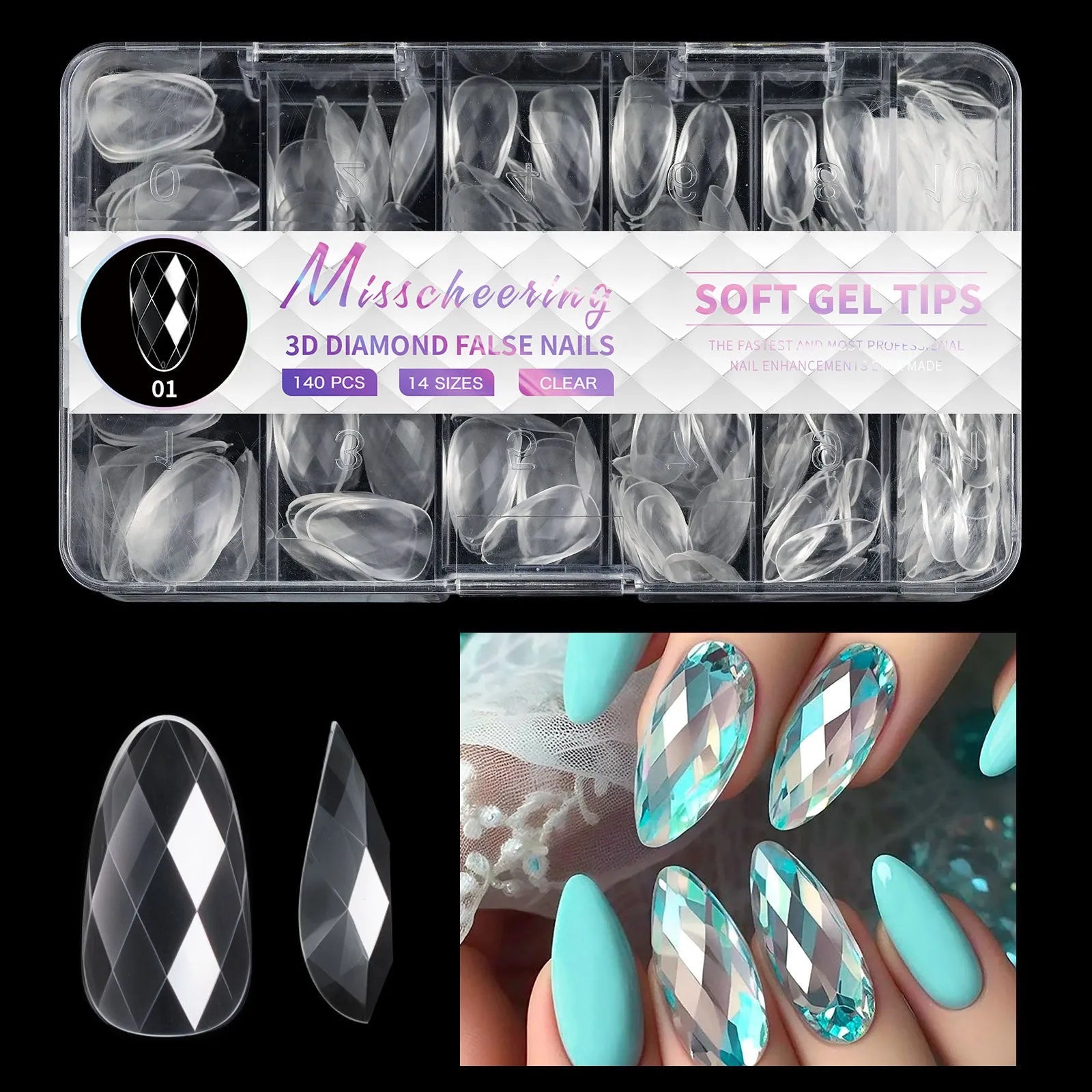 Box of 3D diamond-shaped long false nail tips in a chosen colour from the Diamond Nail range.