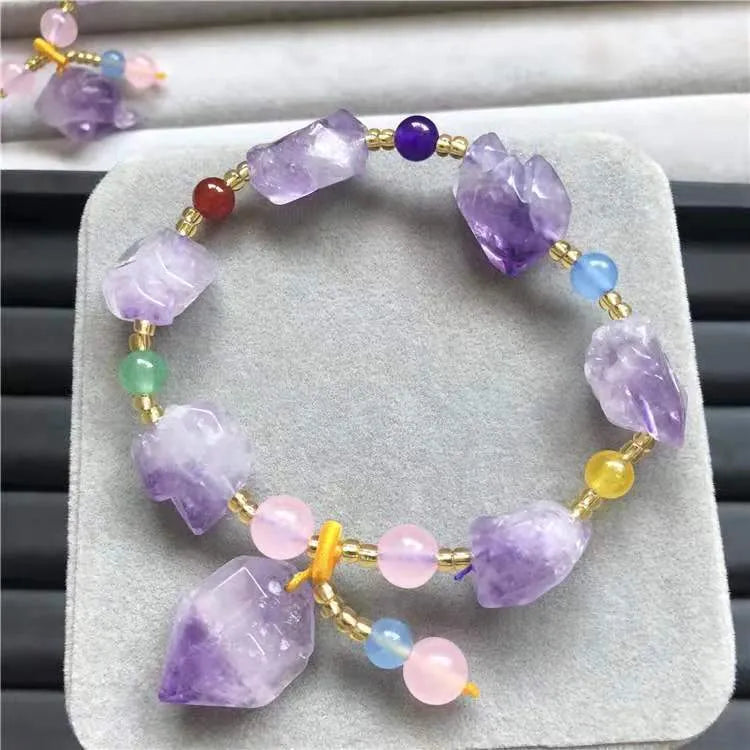 Amethyst bracelet natural shaped women's jewellery with fu character bead for travel commemoration gifts, crafted from genuine purple amethyst gemstone in a relaxed style.