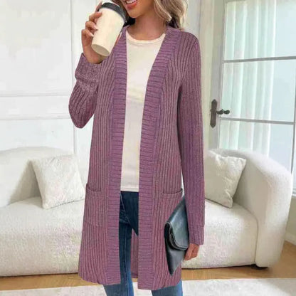 A loose-fit long sleeve knitted cardigan jacket with pockets, shown in black, grey, or wine red.