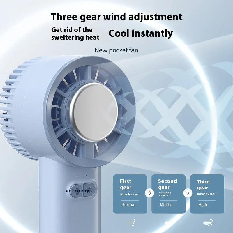 White handheld portable fan with turbo jet design and ice cooling function.