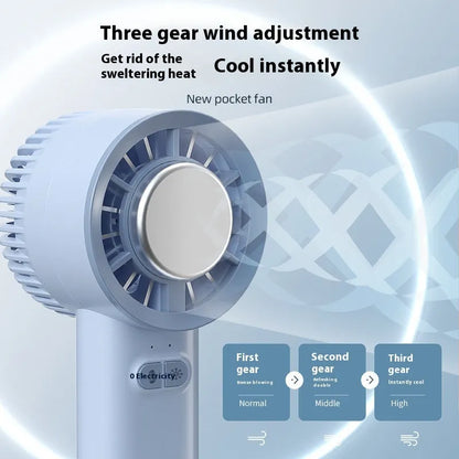 White handheld portable fan with turbo jet design and ice cooling function.