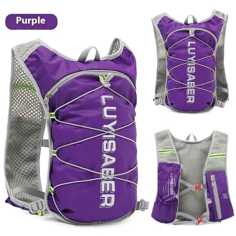 Nylon running backpack with reflective strips shown in multiple colour options.