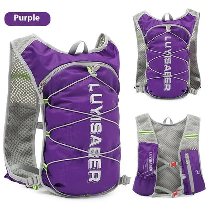 Nylon running backpack with reflective strips shown in multiple colour options.