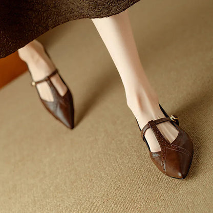 Brown pointed toe low-cut flat shoes for women with a soft sole and mid heel.