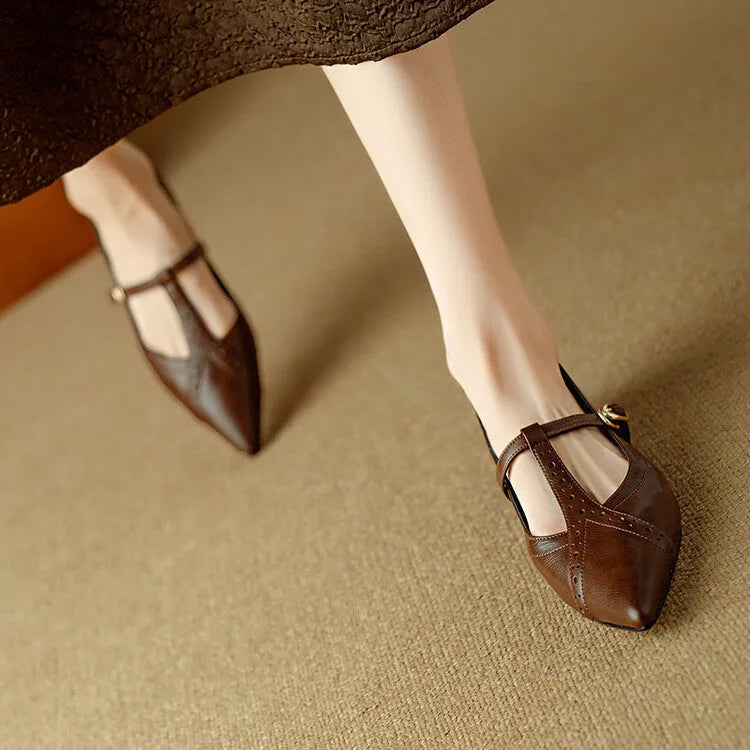Women's Brown Pointed Low-cut Flat Shoes in Genuine Cowhide Leather with Soft Bottom, Mid Heel 3-5cm Height, Casual Style with Metal Detail for Autumn, Winter, and Spring Skirt Wear