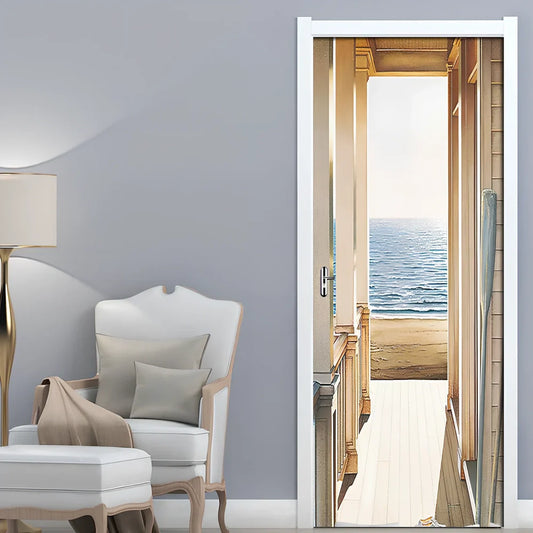 77x200cm 3D landscape PVC self-adhesive door sticker mural on white door, waterproof wall decal for home decor