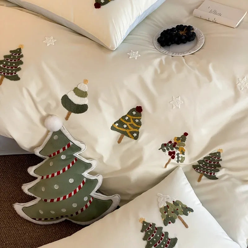 Christmas tree embroidered cotton bedding set with quilt cover, sheet, and pillowcases in cream blue or green green
