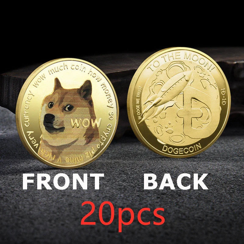 Gold-plated Dogecoin commemorative coin featuring the cute Dogecoin dog design, perfect for collectors and crypto enthusiasts.
