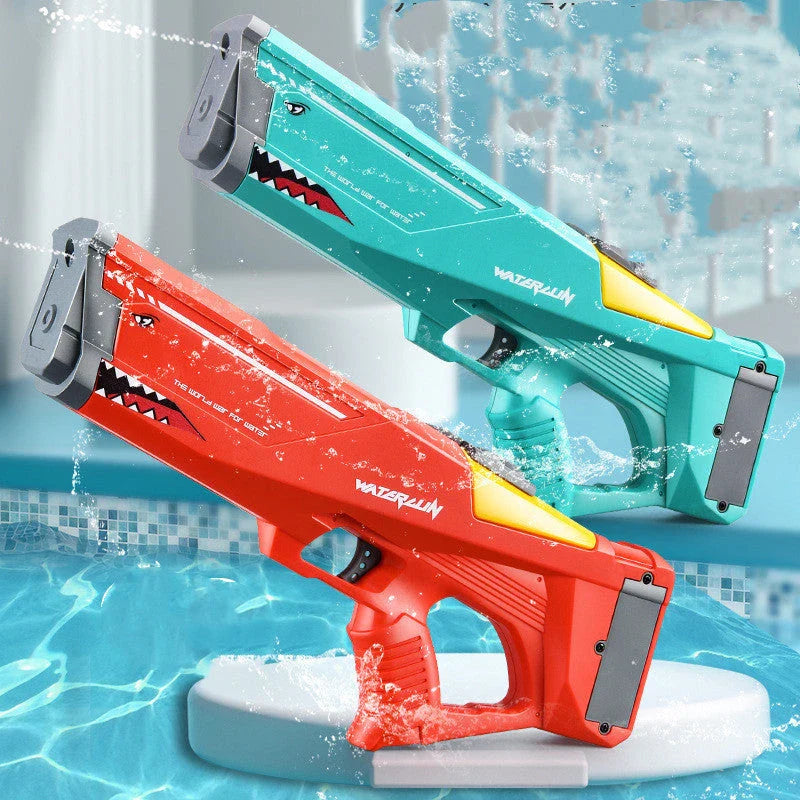 High-powered electric shark-shaped water blaster for outdoor summer fun, pool parties, and water fights