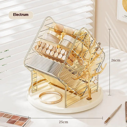 Rotating cosmetics storage box with 360° rotation in clear or amber gold plastic, odour-free construction
