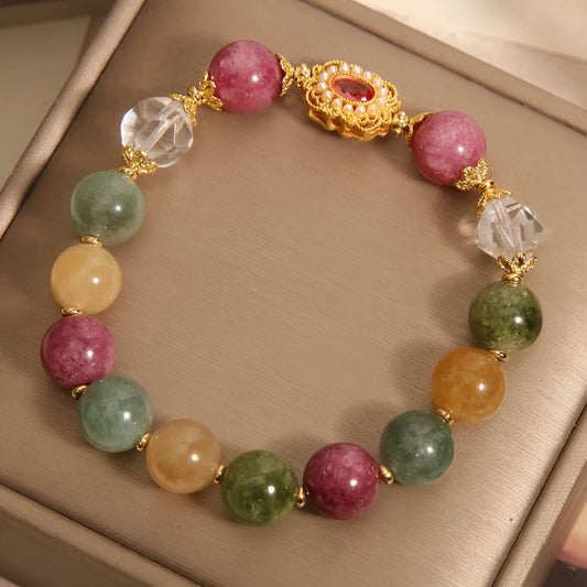 Jade colour tourmaline bracelet for women with round beads, pearl crystal base and rhinestone accents on alloy band