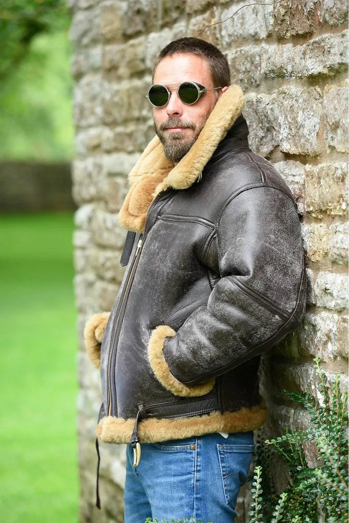 Men's brown retro synthetic leather fur coat with side pockets, shown as winter outerwear.