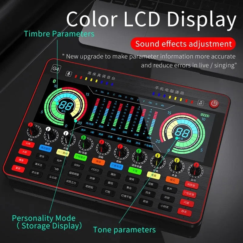 Professional G4 sound card set with capacitance microphone, LCD display and audio cables for live broadcast applications