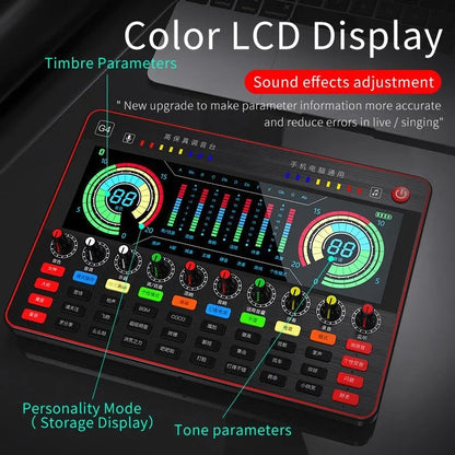Professional G4 sound card set with capacitance microphone, LCD display and audio cables for live broadcast applications