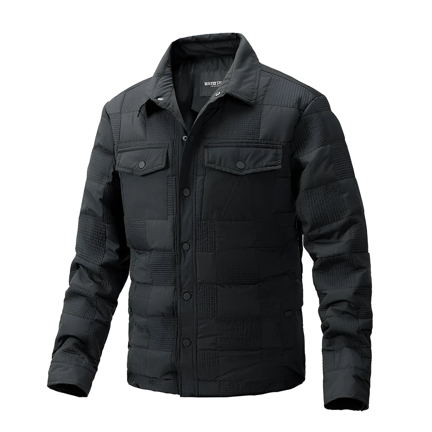 Men's black quilted polo collar jacket with wool lining on a hanger